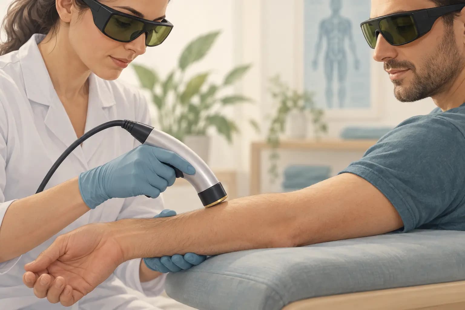 Illustration of laser therapy being applied to a forearm.