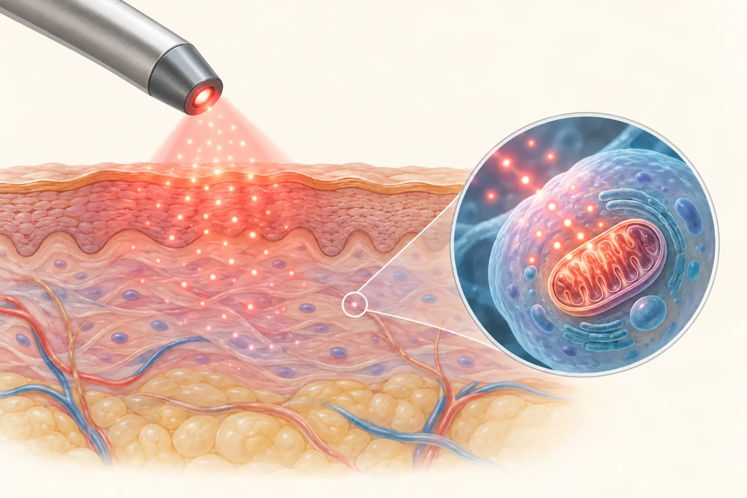 Conceptual illustration of light reaching tissue layers and an enlarged cell.
